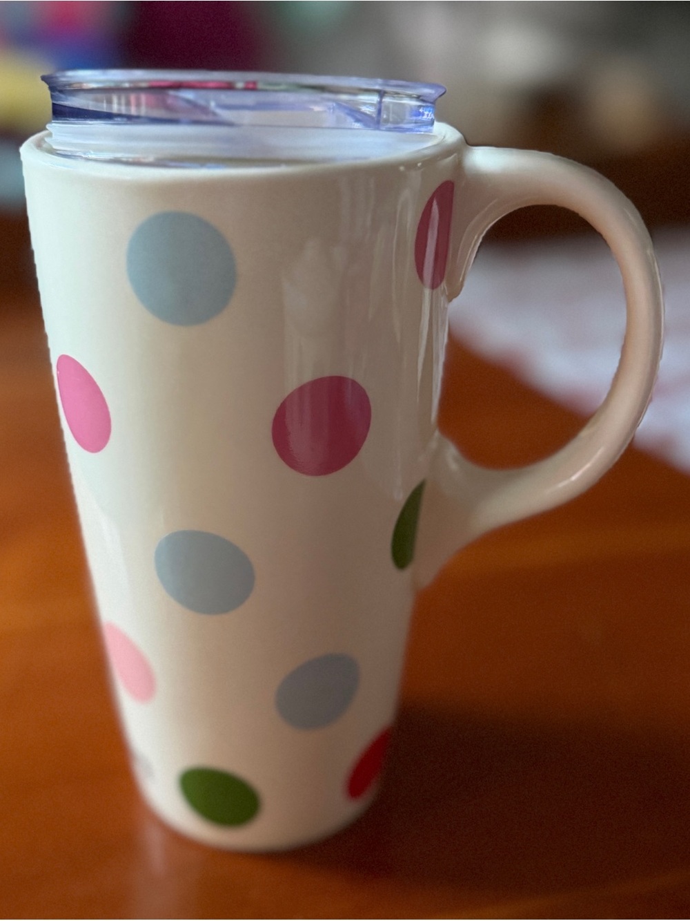 Matilda Jane Cream Ceramic Travel Mug with Pastel Polka Dots and Clear Lid
